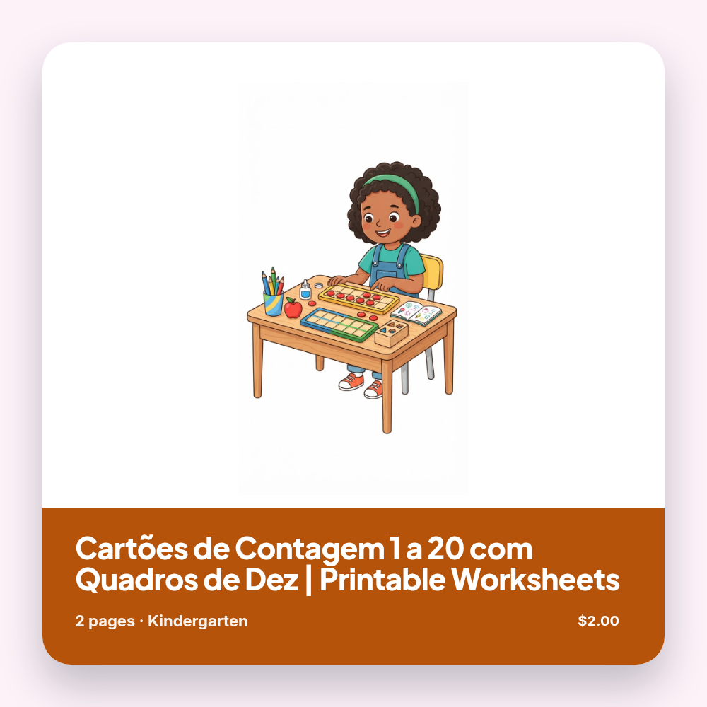 Cartões de Contagem 1 a 20 com Quadros de Dez | Printable Worksheets