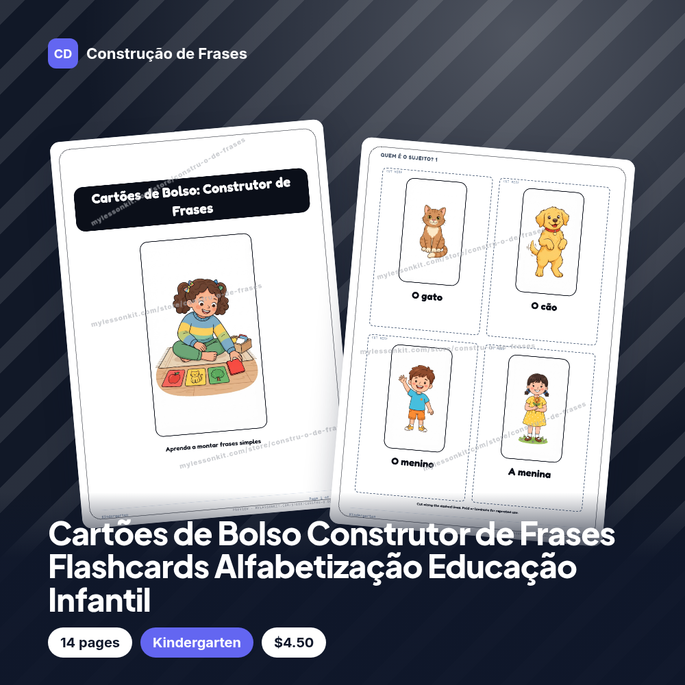 Cartões de Bolso Construtor de Frases Flashcards Alfabetização Educação Infantil