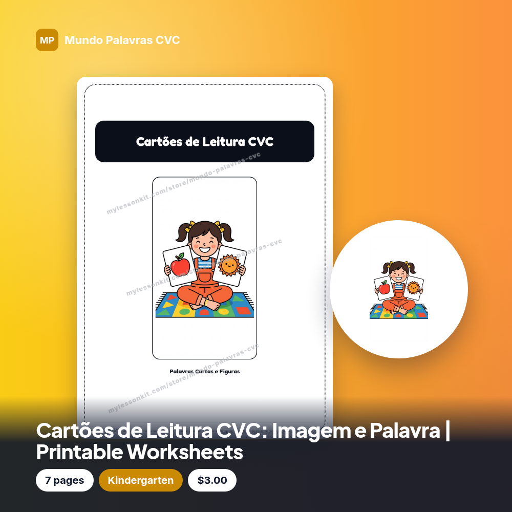 Cartões de Leitura CVC: Imagem e Palavra | Printable Worksheets