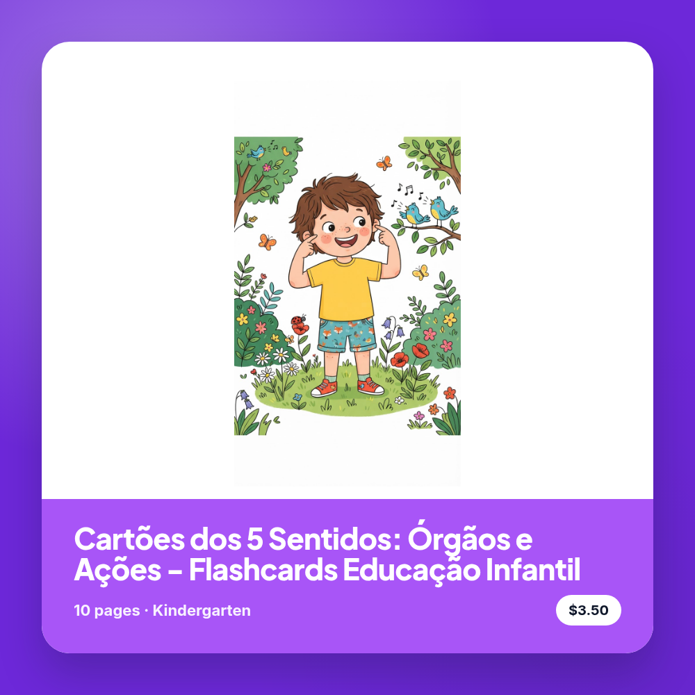 Cartões dos 5 Sentidos: Órgãos e Ações - Flashcards Educação Infantil