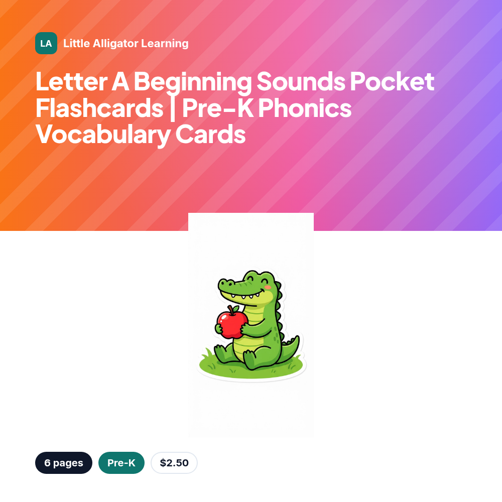 Letter A Beginning Sounds Pocket Flashcards | Pre-K Phonics Vocabulary Cards