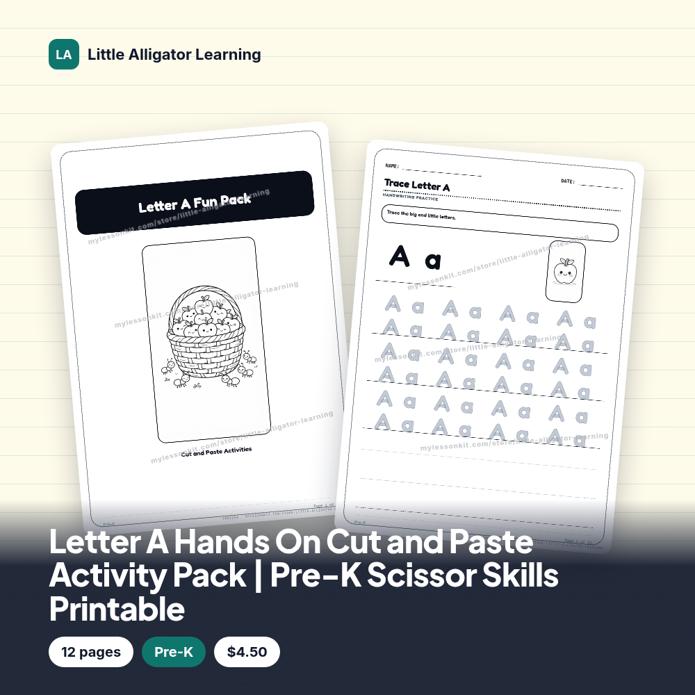 Letter A Hands On Cut and Paste Activity Pack | Pre-K Scissor Skills Printable