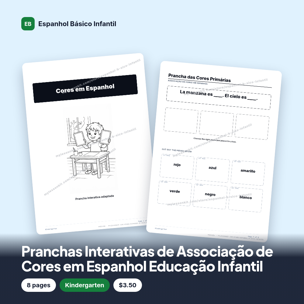 Pranchas Interativas de Associação de Cores em Espanhol Educação Infantil