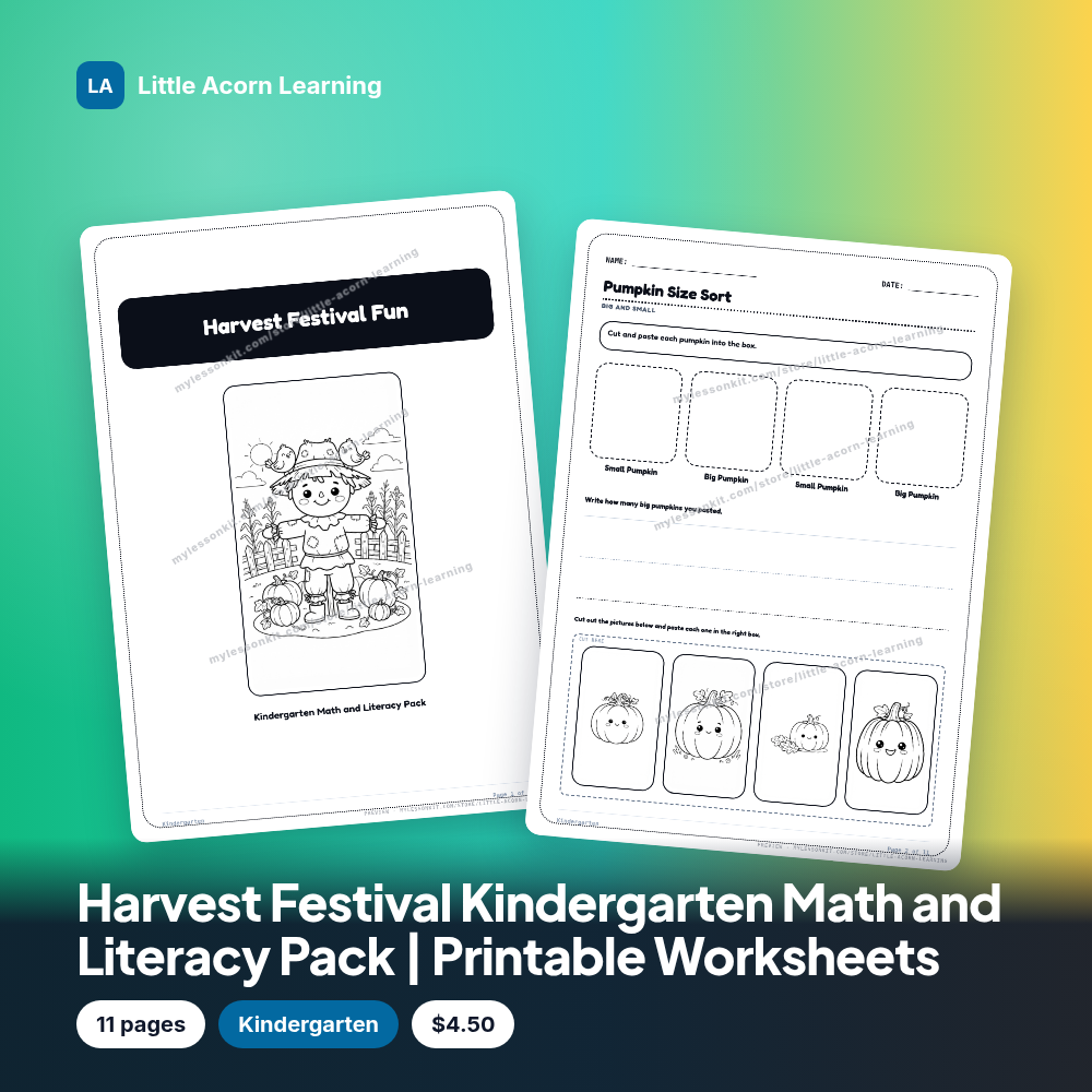 Harvest Festival Kindergarten Math and Literacy Pack | Printable Worksheets