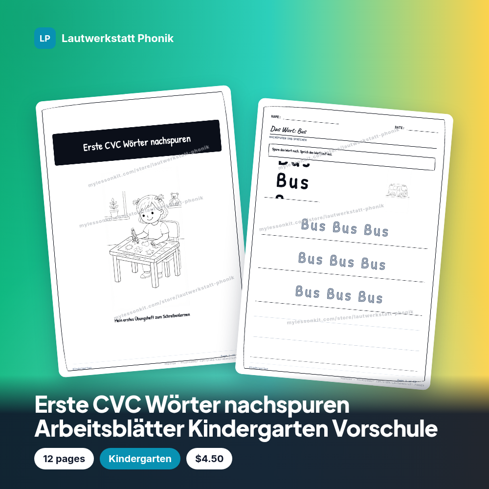 Erste CVC Wörter nachspuren Arbeitsblätter Kindergarten Vorschule