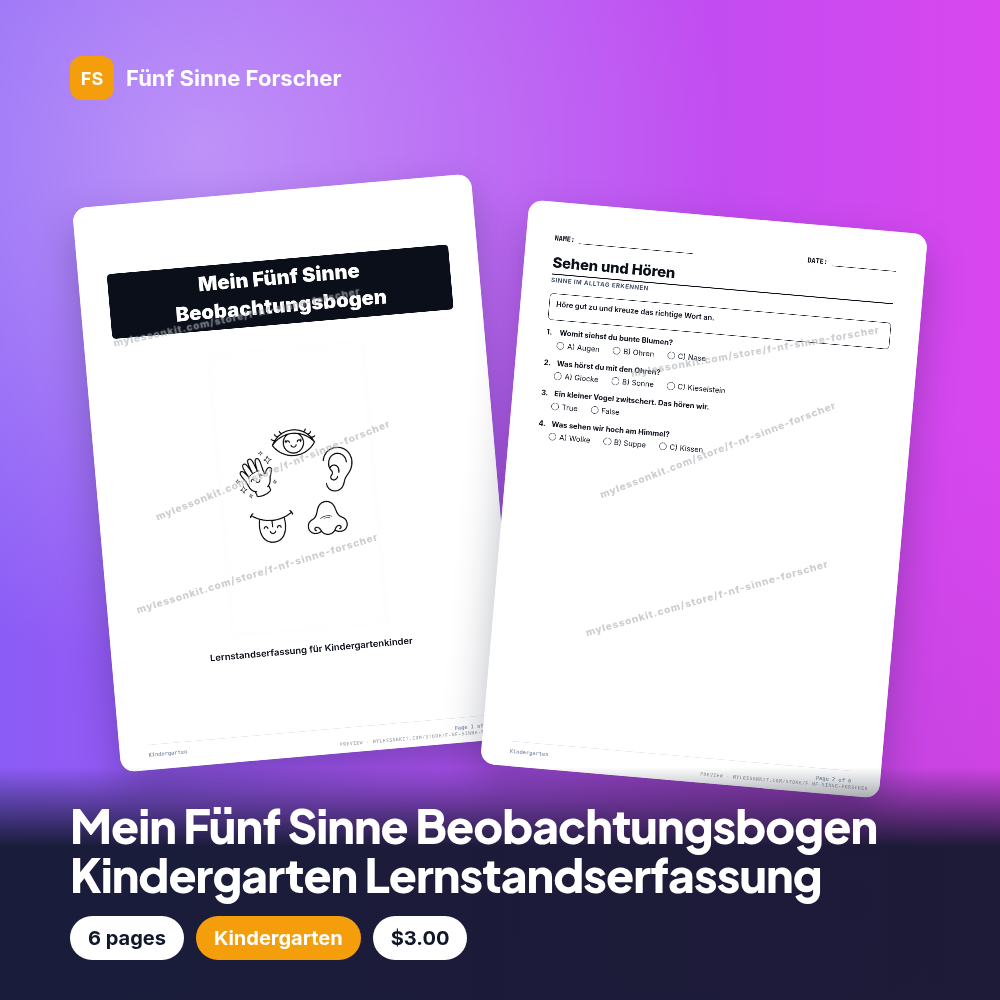 Mein Fünf Sinne Beobachtungsbogen Kindergarten Lernstandserfassung