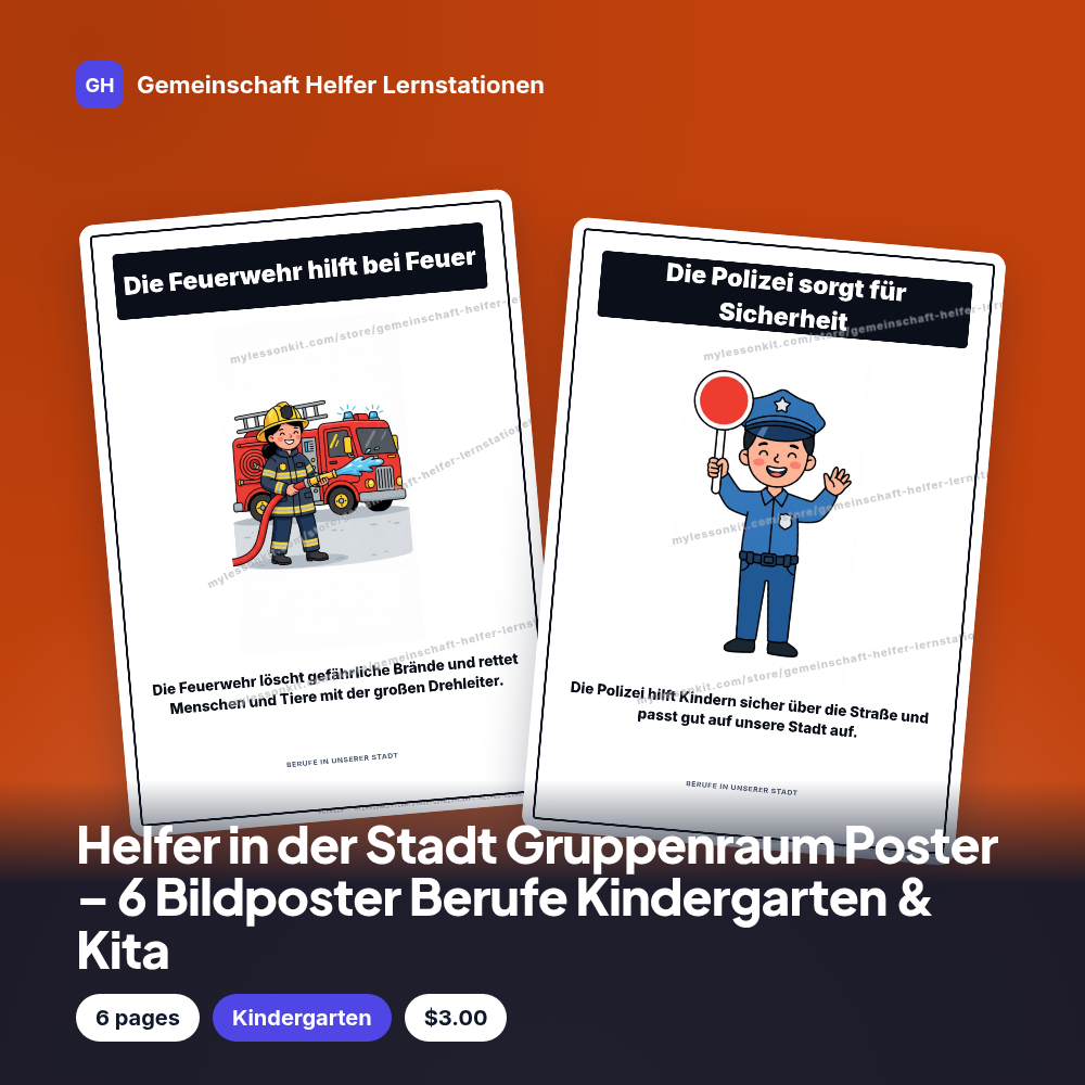 Helfer in der Stadt Gruppenraum Poster – 6 Bildposter Berufe Kindergarten & Kita