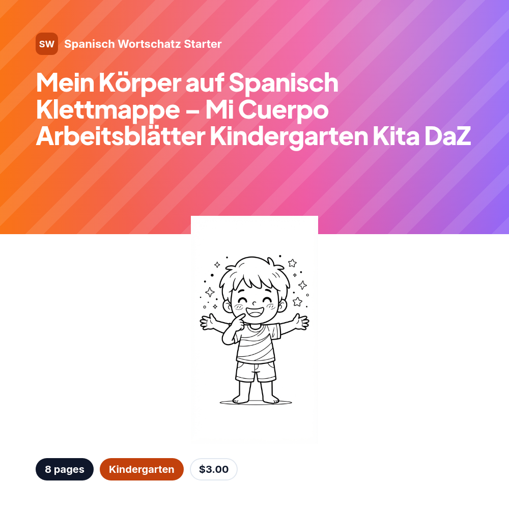 Mein Körper auf Spanisch Klettmappe – Mi Cuerpo Arbeitsblätter Kindergarten Kita DaZ