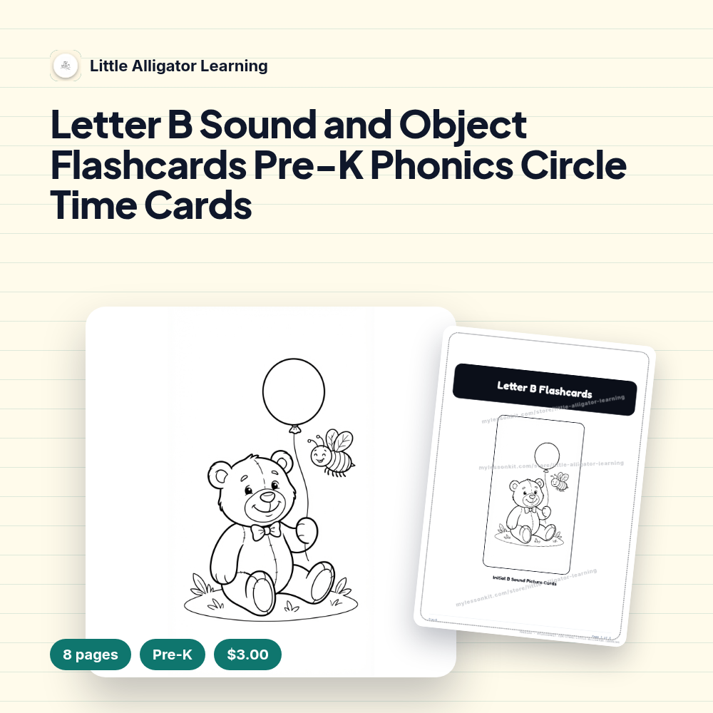 Letter B Sound and Object Flashcards Pre-K Phonics Circle Time Cards
