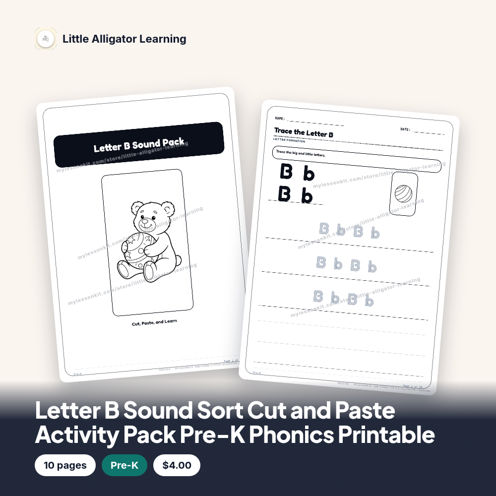 Letter B Sound Sort Cut and Paste Activity Pack Pre-K Phonics Printable