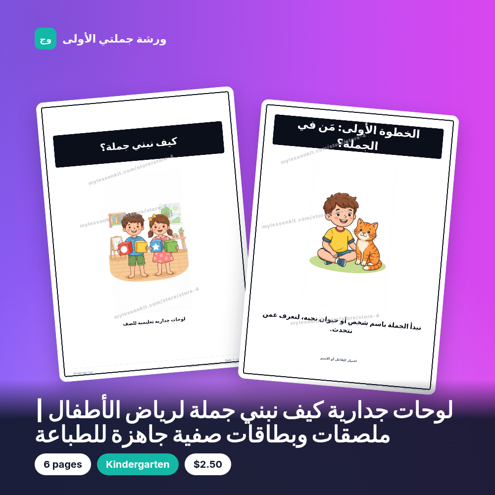 لوحات جدارية كيف نبني جملة لرياض الأطفال | ملصقات وبطاقات صفية جاهزة للطباعة