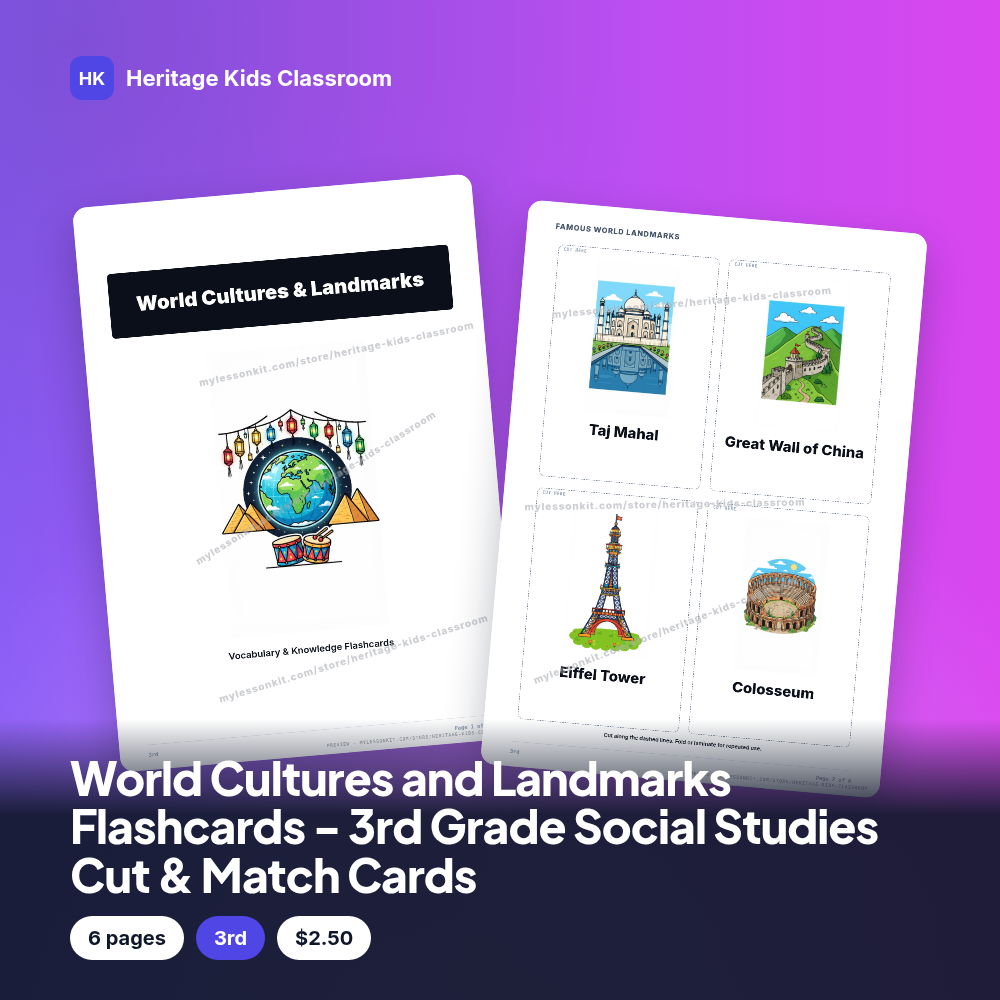 World Cultures and Landmarks Flashcards - 3rd Grade Social Studies Cut & Match Cards