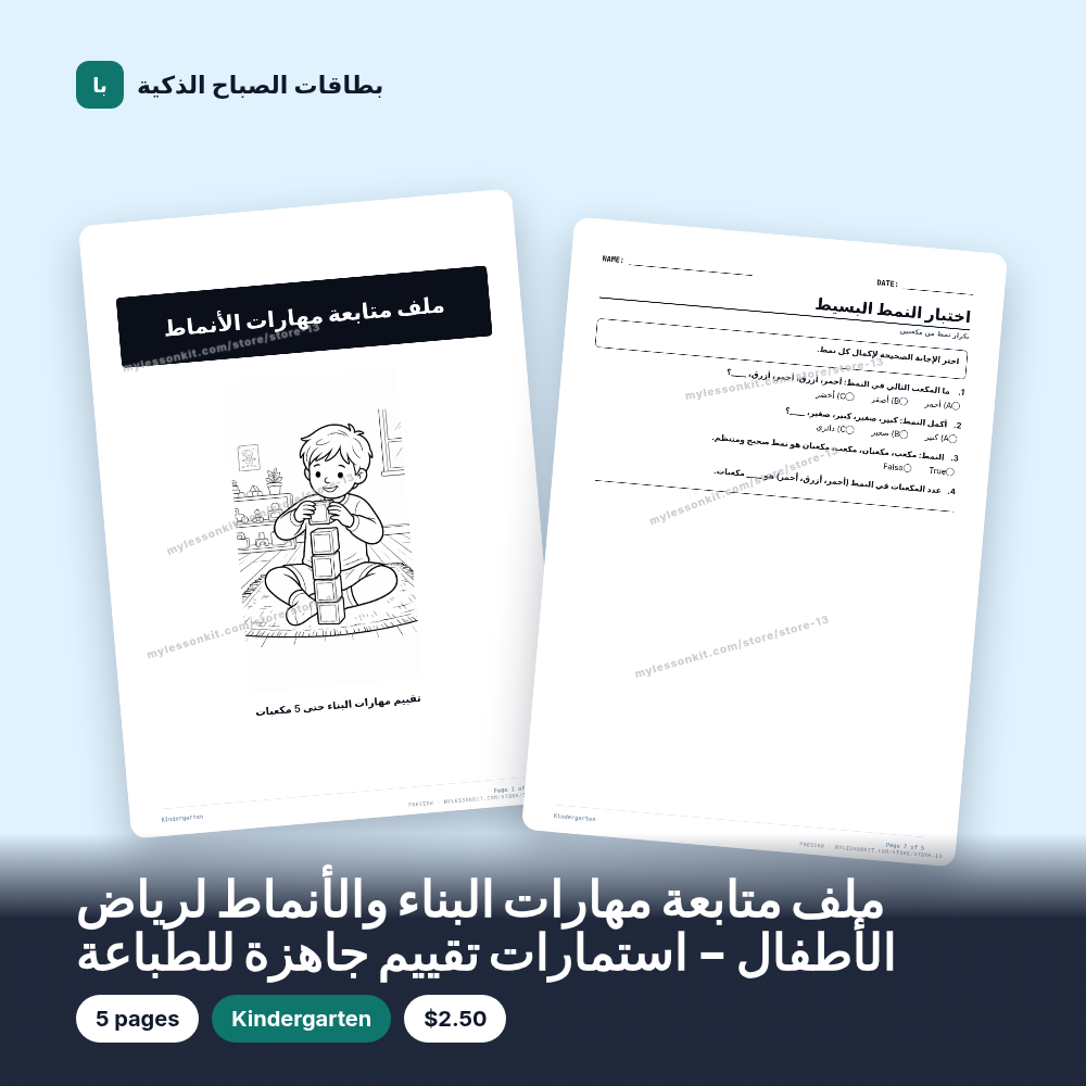 ملف متابعة مهارات البناء والأنماط لرياض الأطفال - استمارات تقييم جاهزة للطباعة