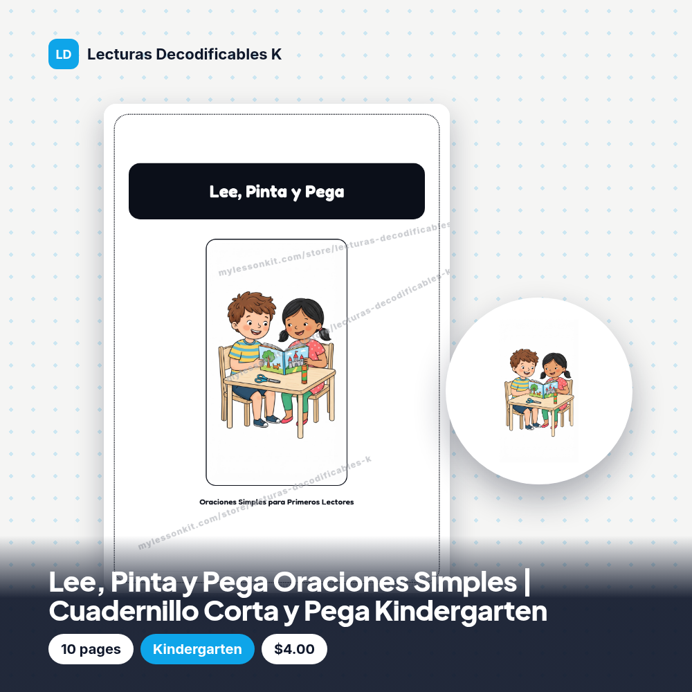 Lee, Pinta y Pega Oraciones Simples | Cuadernillo Corta y Pega Kindergarten