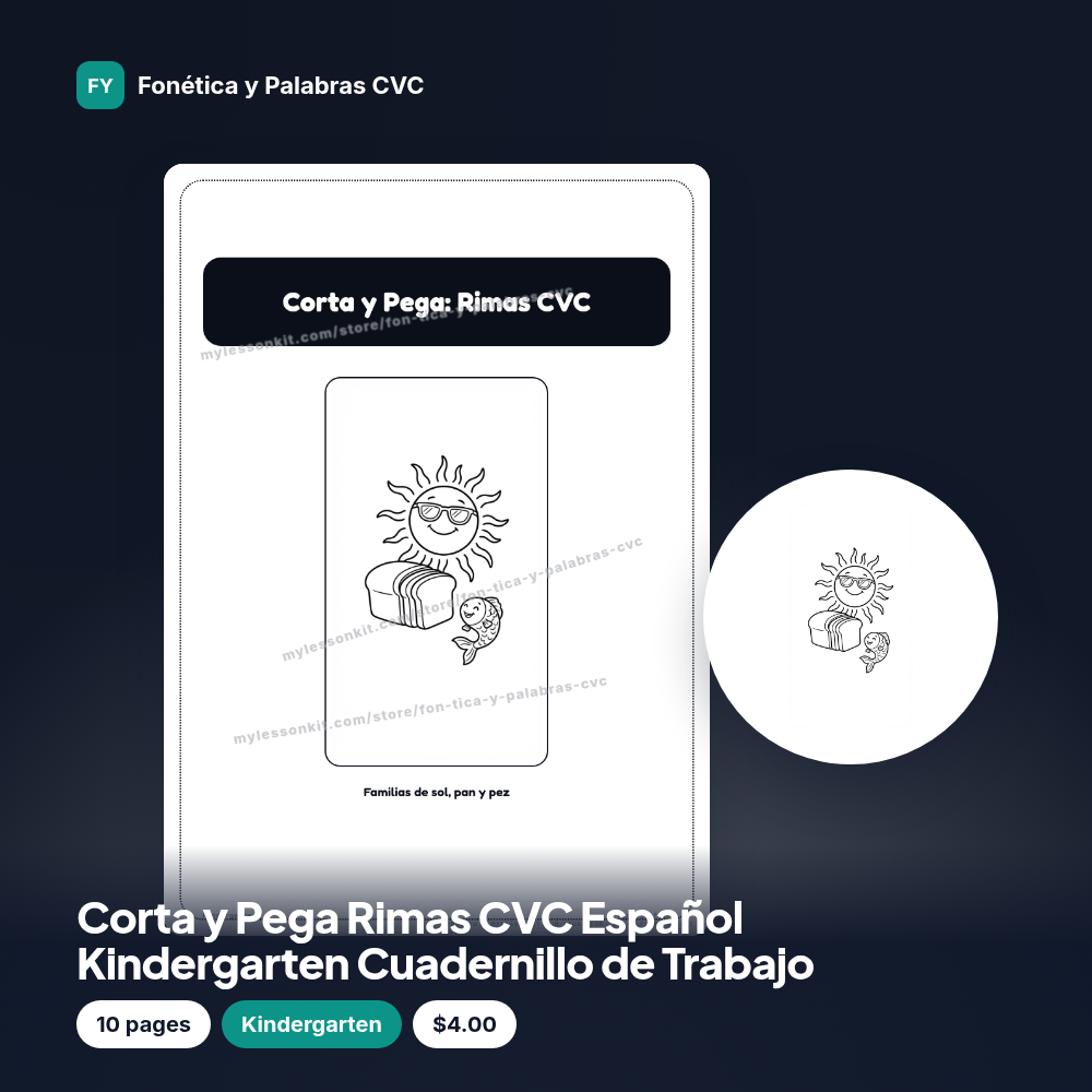 Corta y Pega Rimas CVC Español Kindergarten Cuadernillo de Trabajo