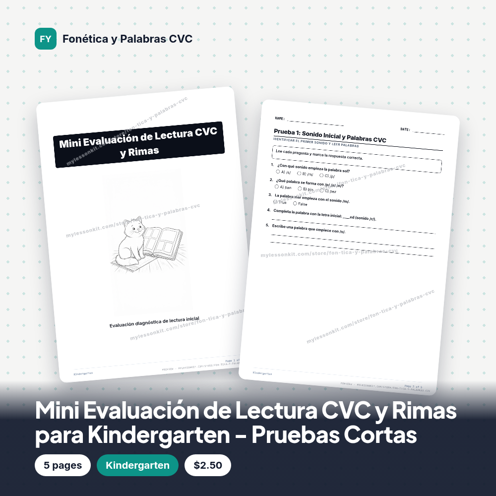 Mini Evaluación de Lectura CVC y Rimas para Kindergarten - Pruebas Cortas