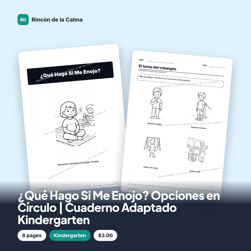 ¿Qué Hago Si Me Enojo? Opciones en Círculo | Cuaderno Adaptado Kindergarten