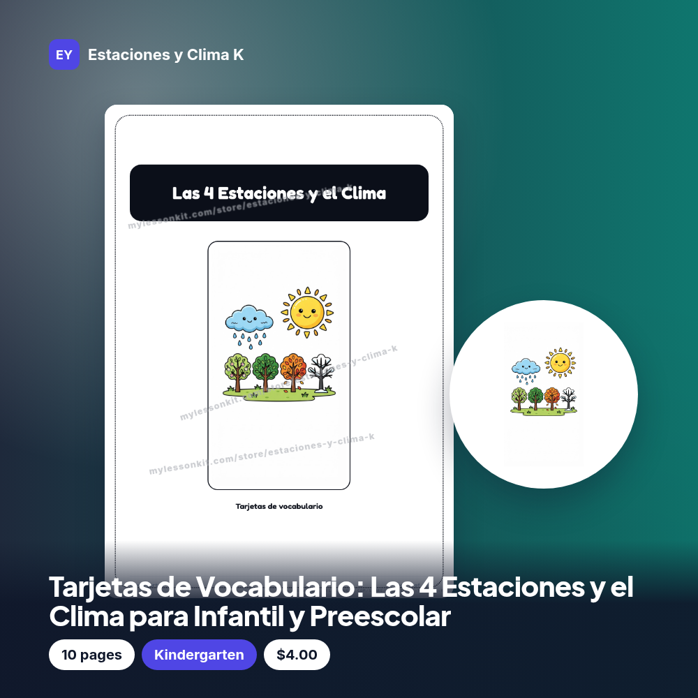 Tarjetas de Vocabulario: Las 4 Estaciones y el Clima para Infantil y Preescolar