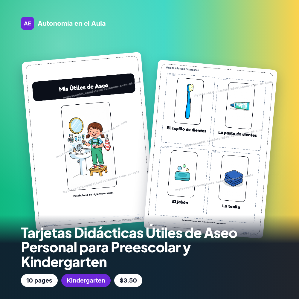 Tarjetas Didácticas Útiles de Aseo Personal para Preescolar y Kindergarten