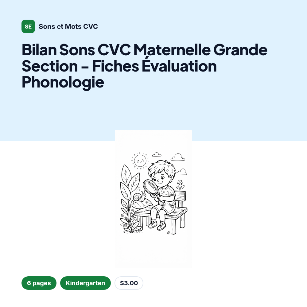 Bilan Sons CVC Maternelle Grande Section - Fiches Évaluation Phonologie