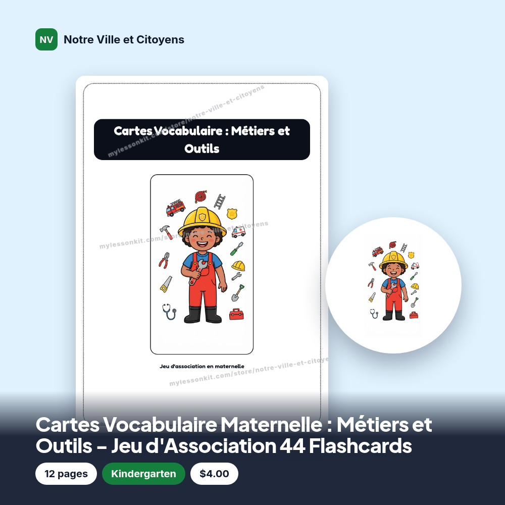 Cartes Vocabulaire Maternelle : Métiers et Outils - Jeu d'Association 44 Flashcards