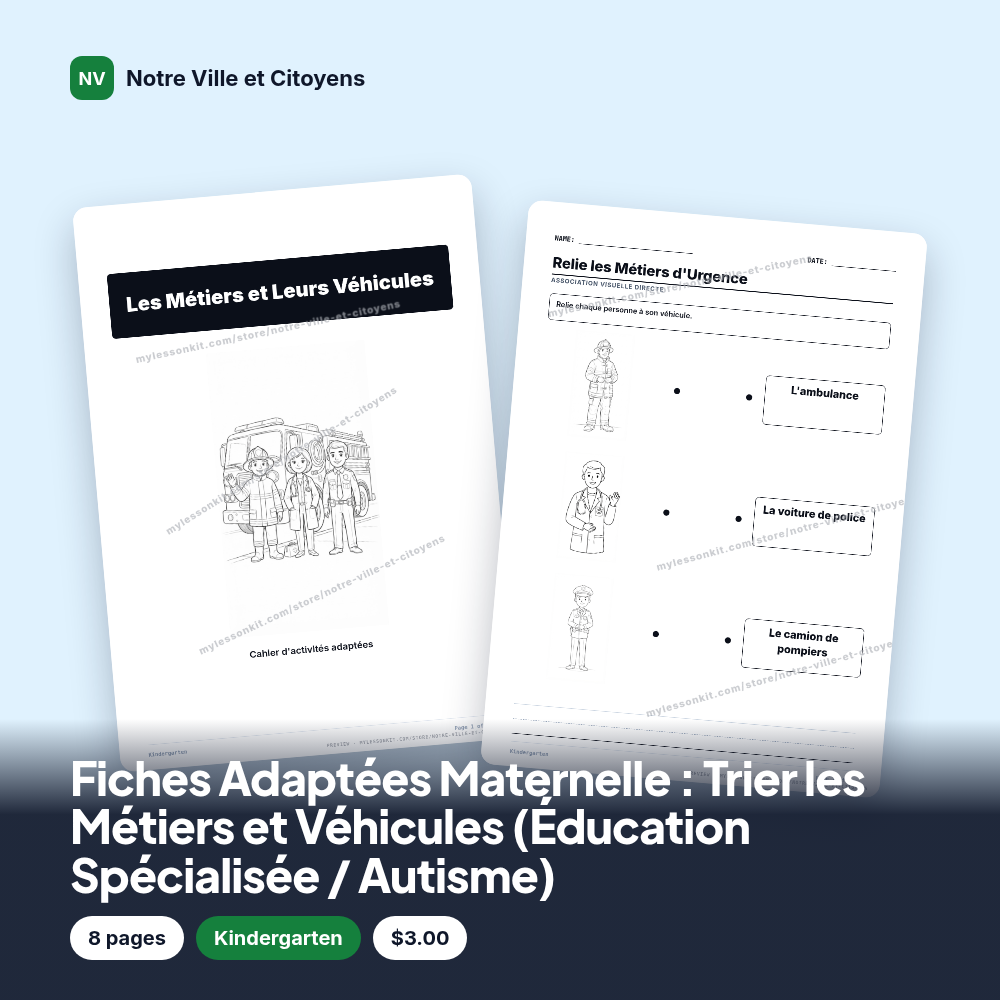 Fiches Adaptées Maternelle : Trier les Métiers et Véhicules (Éducation Spécialisée / Autisme)