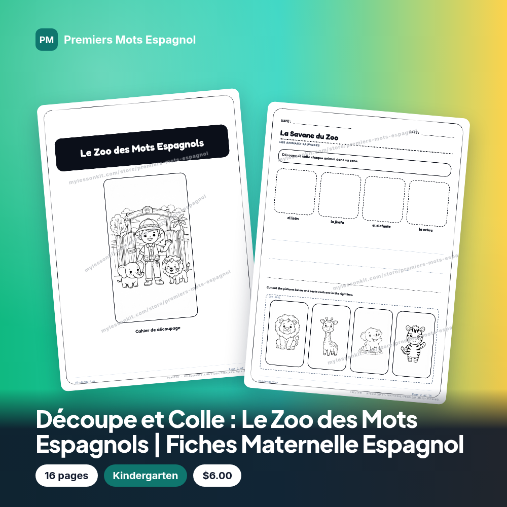 Découpe et Colle : Le Zoo des Mots Espagnols | Fiches Maternelle Espagnol