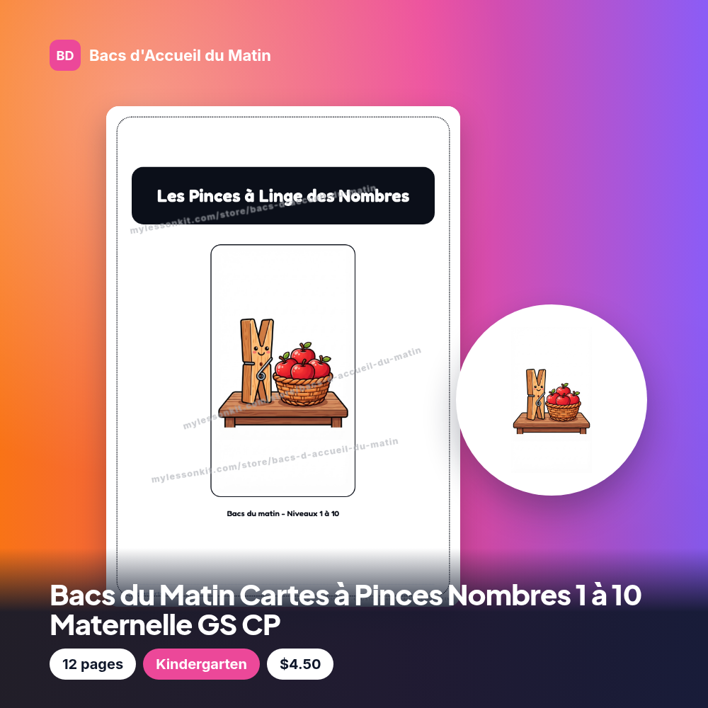 Bacs du Matin Cartes à Pinces Nombres 1 à 10 Maternelle GS CP