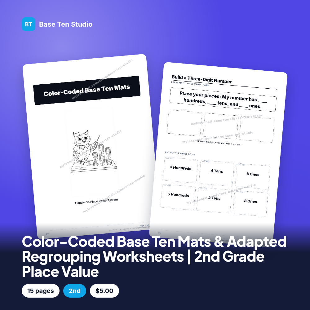Color-Coded Base Ten Mats & Adapted Regrouping Worksheets | 2nd Grade Place Value