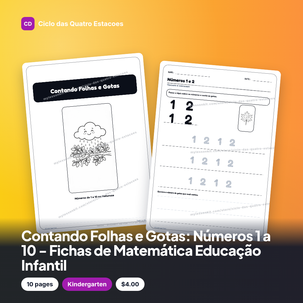 Contando Folhas e Gotas: Números 1 a 10 - Fichas de Matemática Educação Infantil