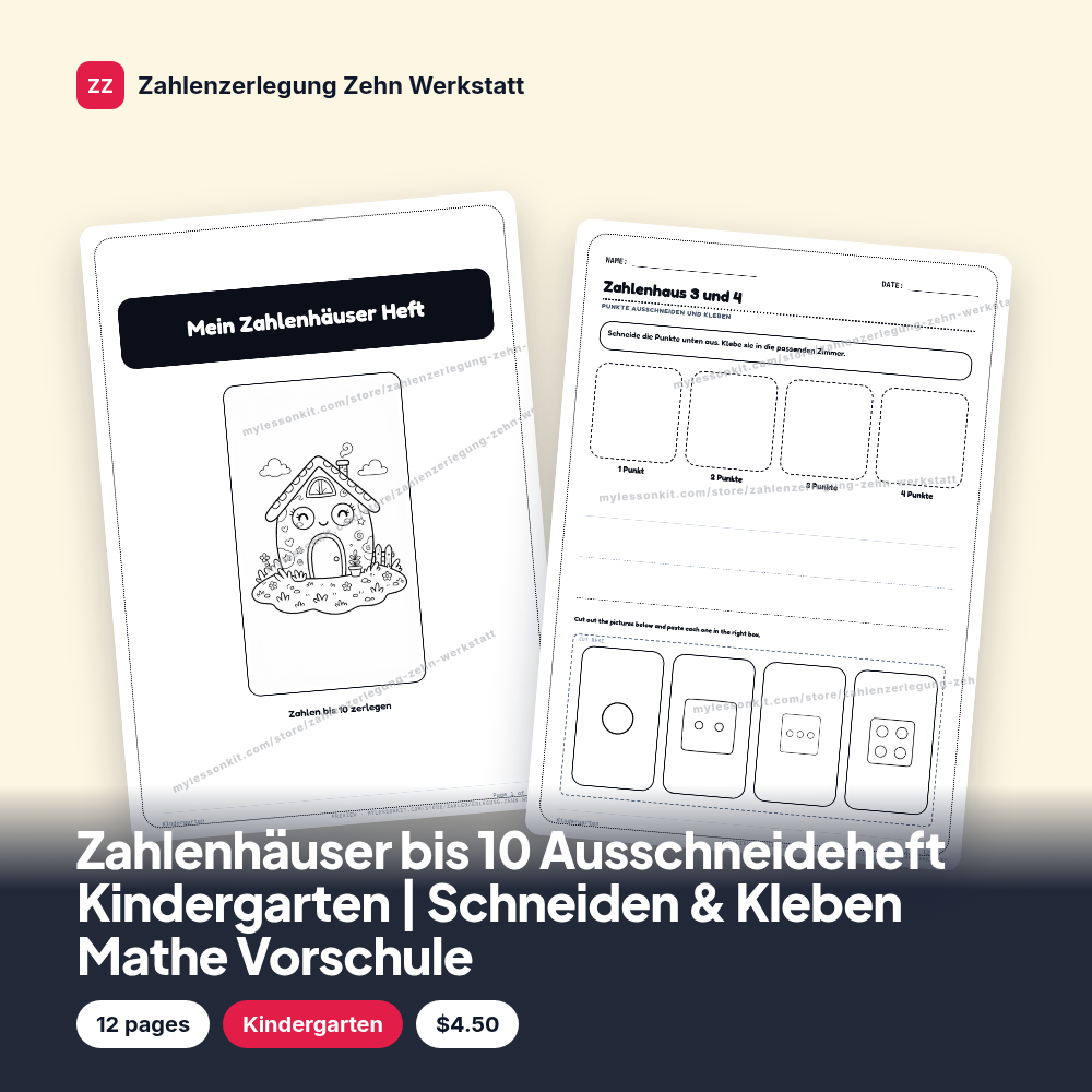 Zahlenhäuser bis 10 Ausschneideheft Kindergarten | Schneiden & Kleben Mathe Vorschule