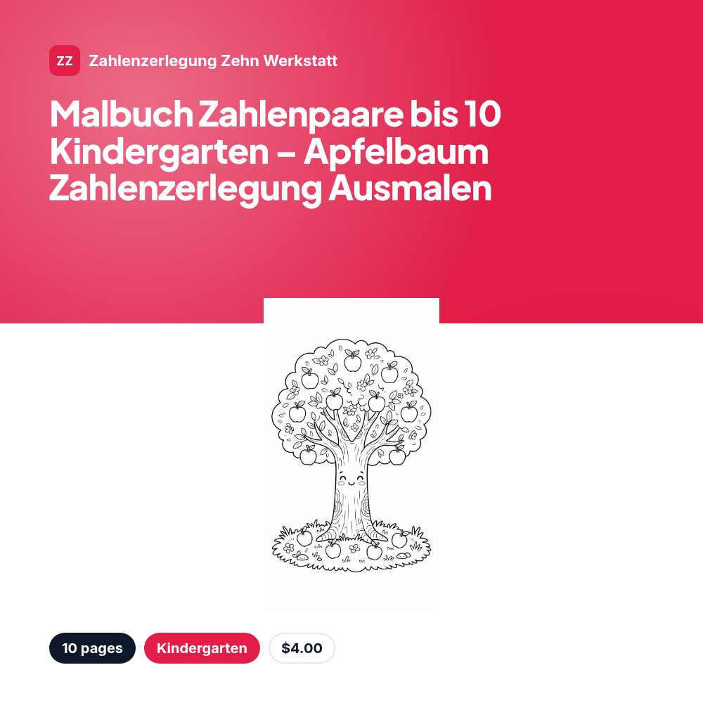 Malbuch Zahlenpaare bis 10 Kindergarten – Apfelbaum Zahlenzerlegung Ausmalen