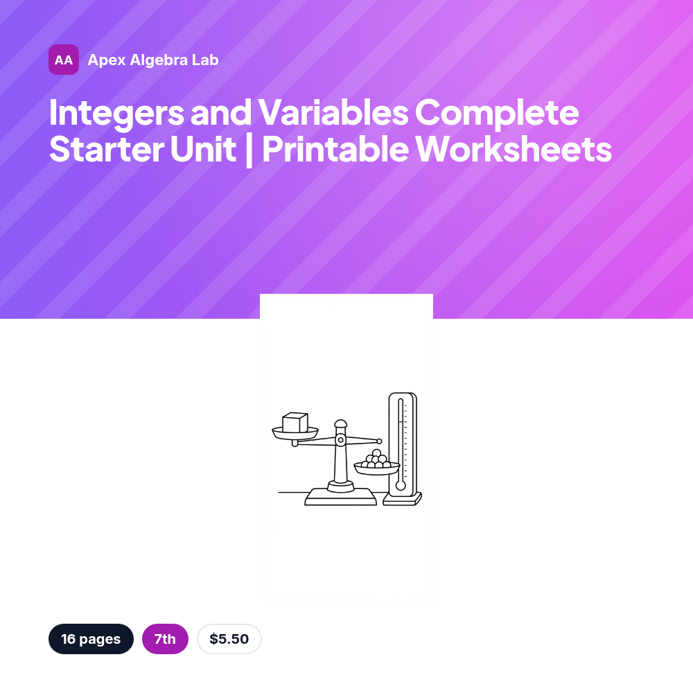 Integers and Variables Complete Starter Unit | Printable Worksheets