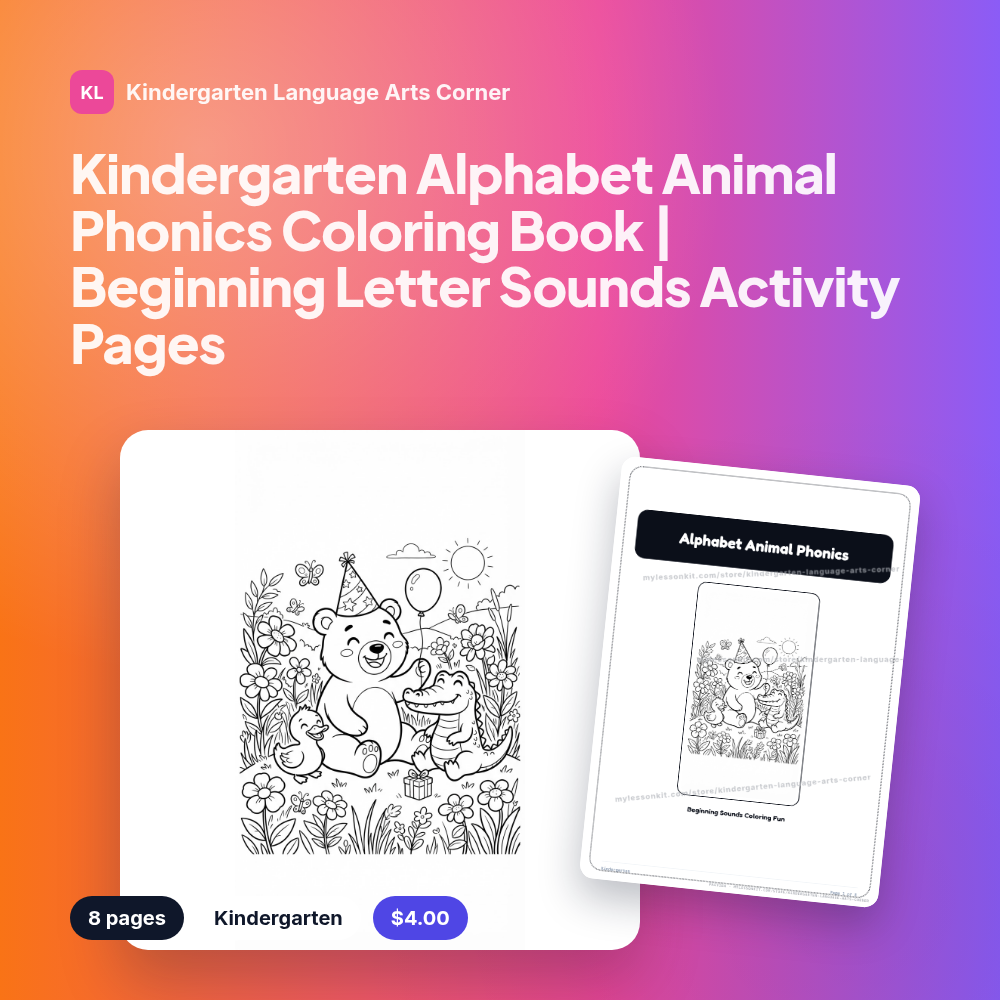 Kindergarten Alphabet Animal Phonics Coloring Book | Beginning Letter Sounds Activity Pages