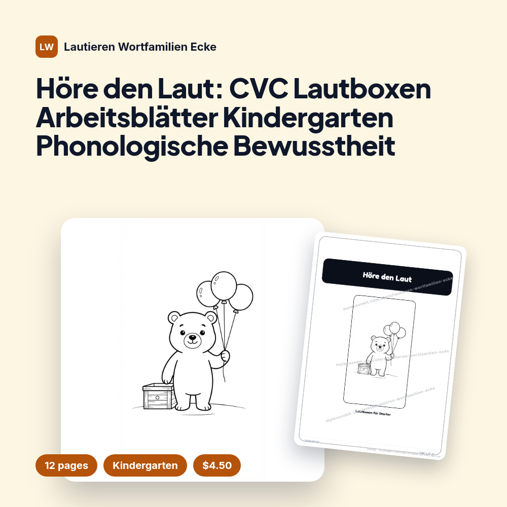 Höre den Laut: CVC Lautboxen Arbeitsblätter Kindergarten Phonologische Bewusstheit