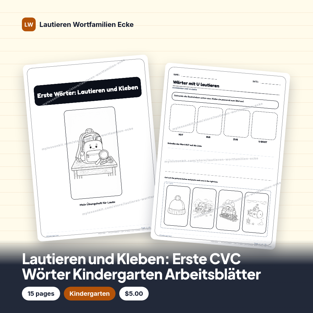 Lautieren und Kleben: Erste CVC Wörter Kindergarten Arbeitsblätter