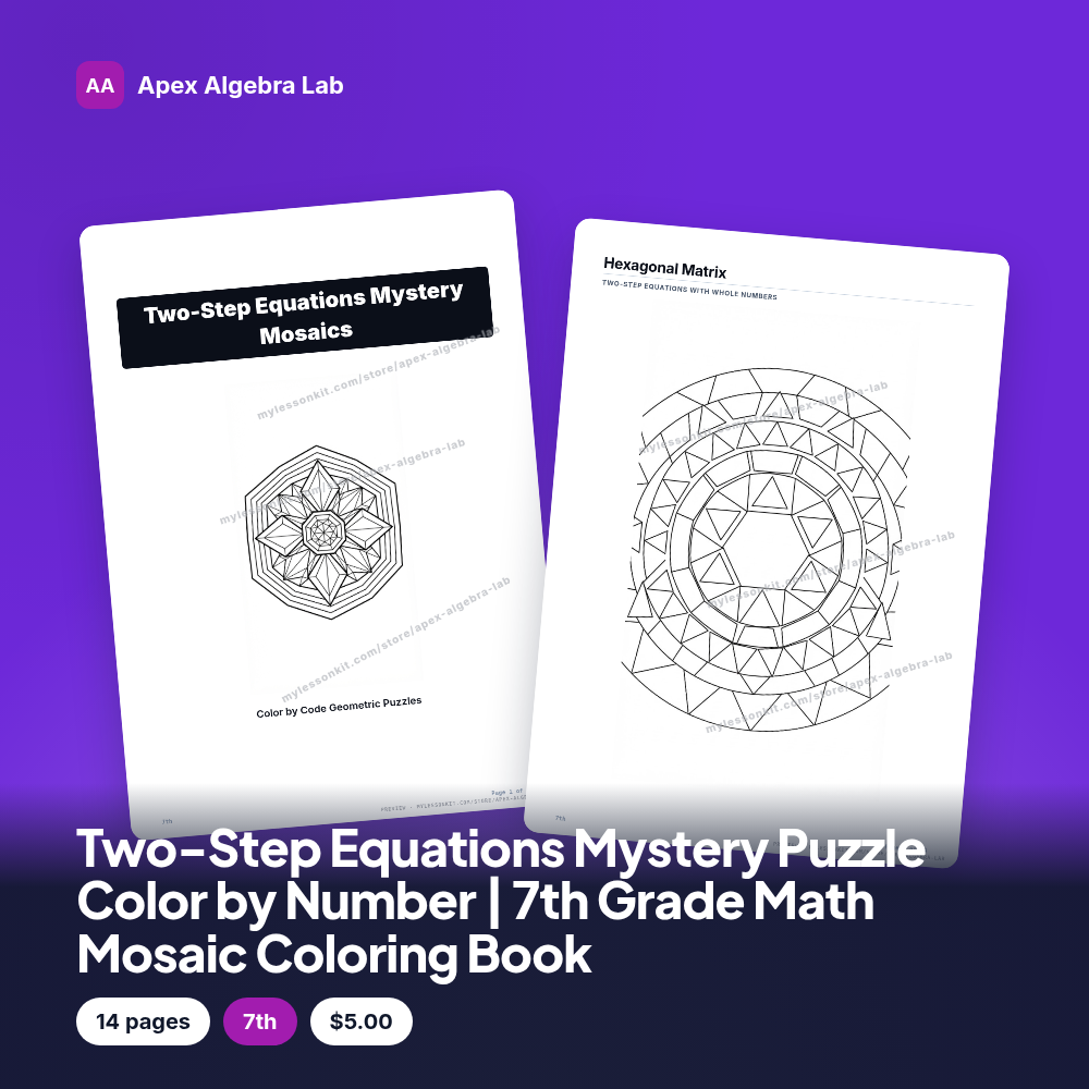 Two-Step Equations Mystery Puzzle Color by Number | 7th Grade Math Mosaic Coloring Book