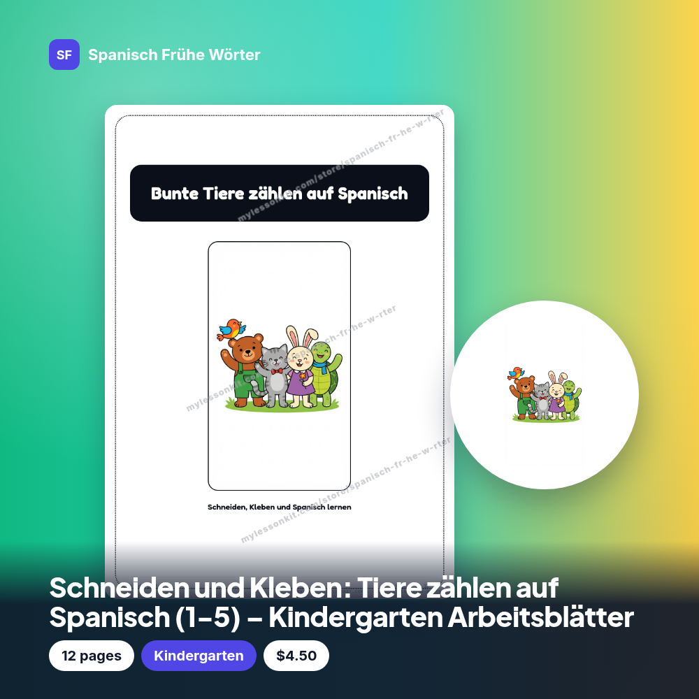 Schneiden und Kleben: Tiere zählen auf Spanisch (1-5) – Kindergarten Arbeitsblätter